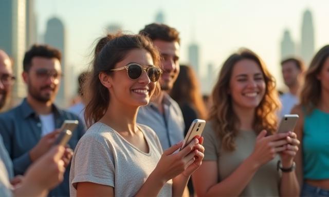 عملاء يبتسمون أثناء استخدامهم لهواتفهم في دبي