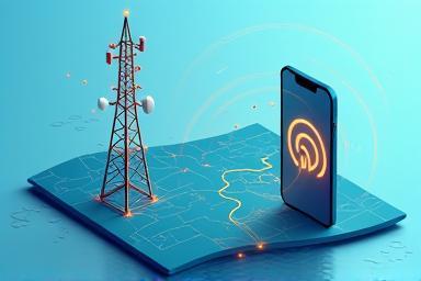 خريطة تغطية 5G مع برج وشاشة هاتف